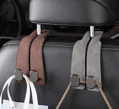 2-in-1 Premium Leather Car Headrest Hanger with Metal Hooks (1 Pair) PRO