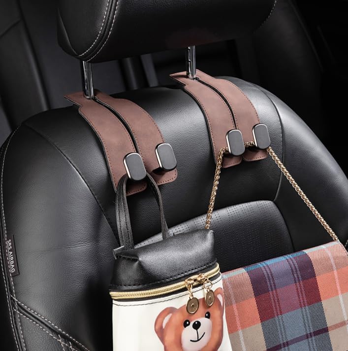 2-in-1 Premium Leather Car Headrest Hanger with Metal Hooks (1 Pair) PRO